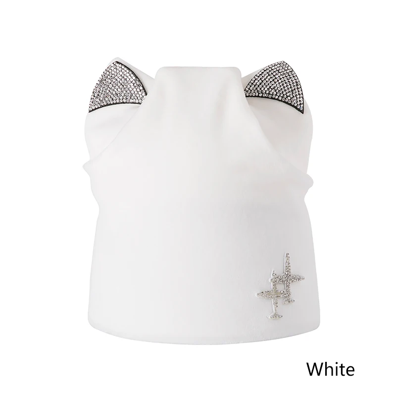 TRUENJOY/осенне-зимняя шапка для девочек, модная женская шапочка, мягкие фланелевые шапки Skullies Beanies, шапка с кошачьими ушками, стразы - Цвет: white