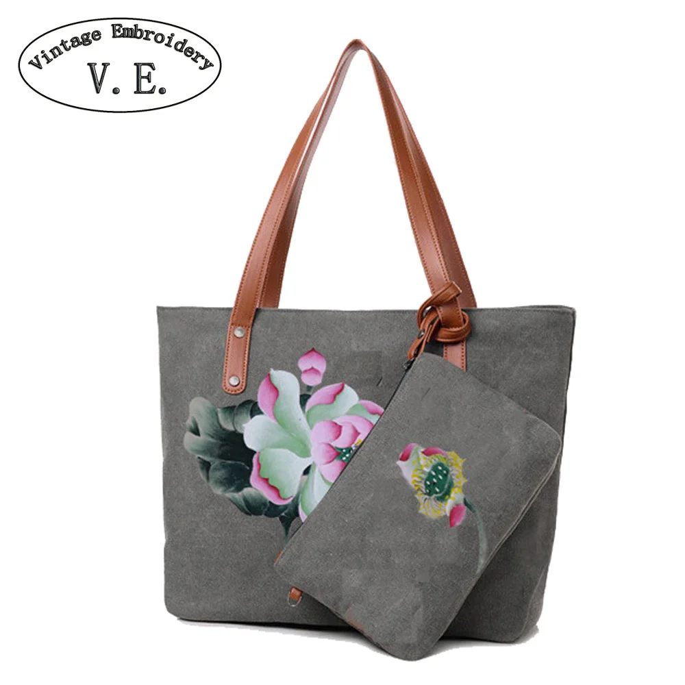 

Creative Hand-painted Canvas Handbag Chinese Style Vintage Mother Shopping Bags Large Capacity Ladies Shoulder Bag Composite Bag
