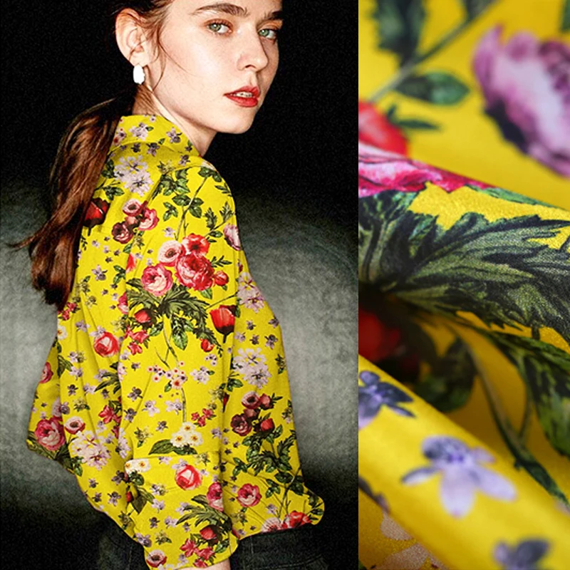 

110CM 16MM Pink Floral Print Yellow Thin Silk Crepe De Chine Fabric for Summer Dress Shirt Scarf DE706
