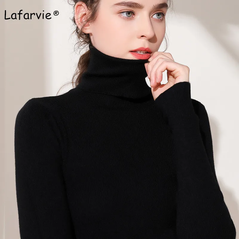 Lafarvie тонкий вязаный свитер из смеси на основе кашемира женские топы Водолазка с длинным рукавом теплый пуловер Женский вязаный джемпер 5 цветов - Цвет: black