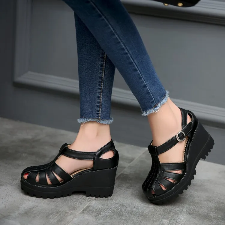 

US4-11 Womens Baotou T-straps Platform Wedge High Heel Sandals Hollow Out Ankle Buckle Shoes Black White Summer Plus Sz A672