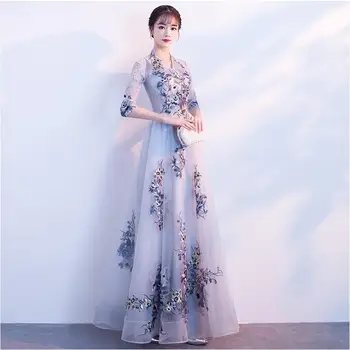 

New Light Gray Evening Dress Floor Length Lace Flower Tulle Long Prom Gown Banquet Elegant Formal Party Gown Robe De Soriee