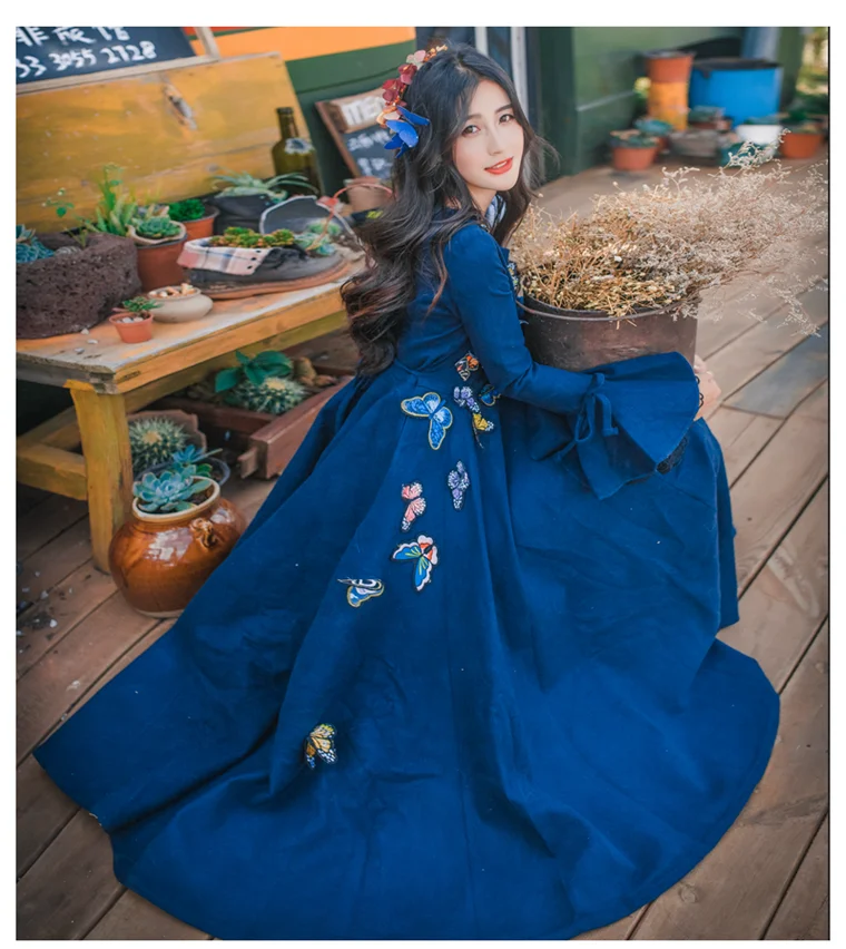 Johnature женское Шерстяное синее платье Мода осень зима рукав Лотос кружево Вышивка Бабочка милое женское платье