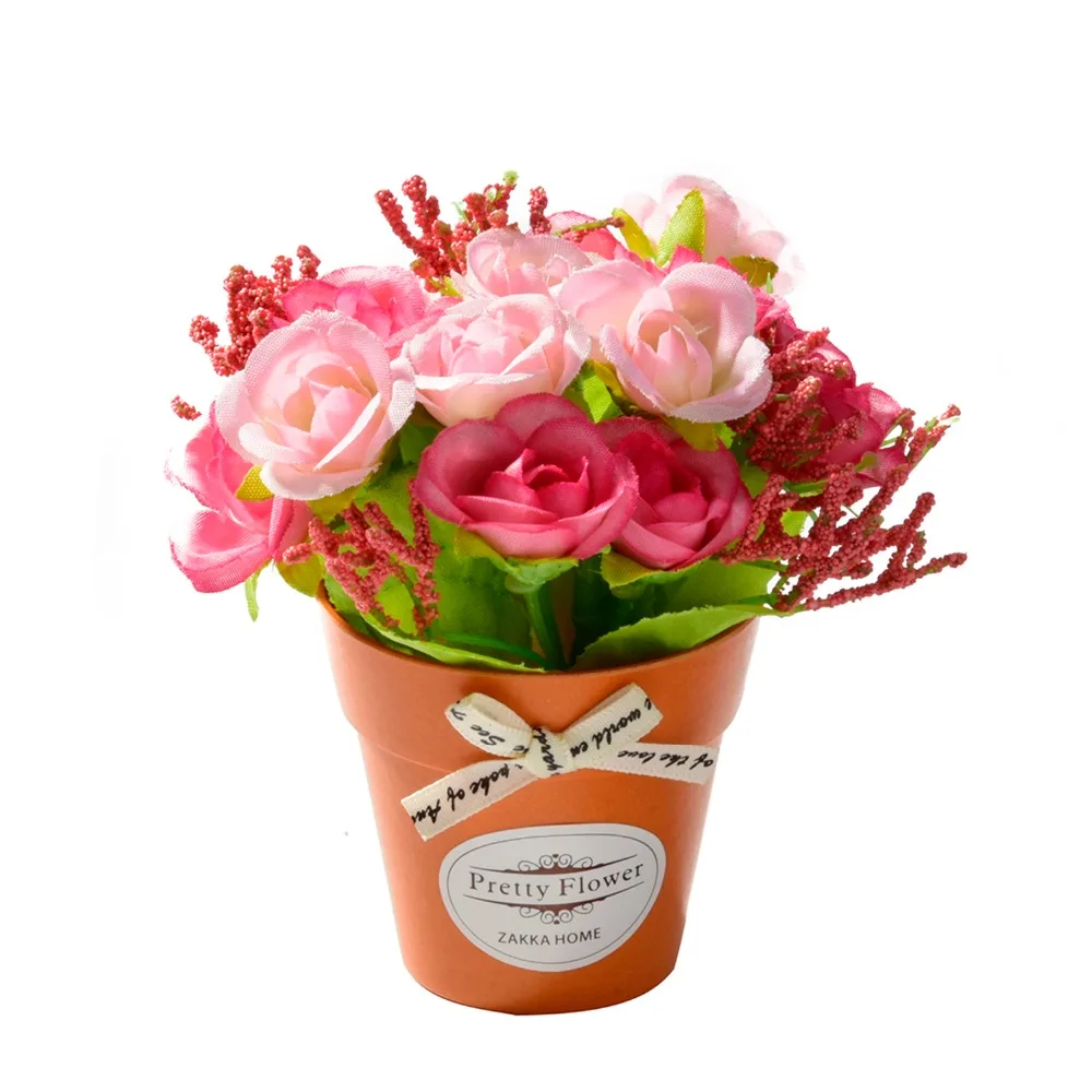 

Artificial Rose Flowers Silk Bouquet Flower With Plastic Vase Bonsai Set For Home Garden Farmhouse Art Decoration Fake Flowers