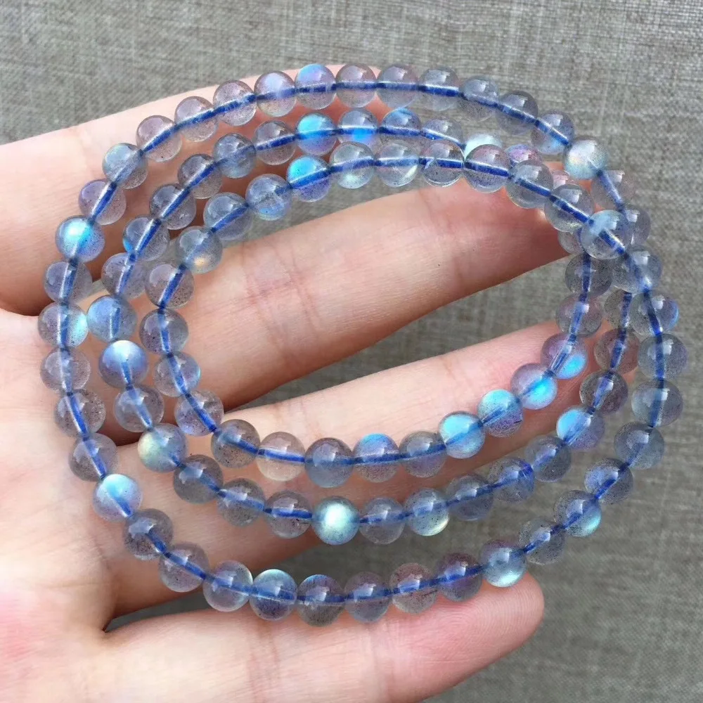 Genuine Natural Blue Labradorite Bracelets 5mm Blue Lights 3 Laps Lady Stretch Necklace Crystal Round Beads Bracelet (1)