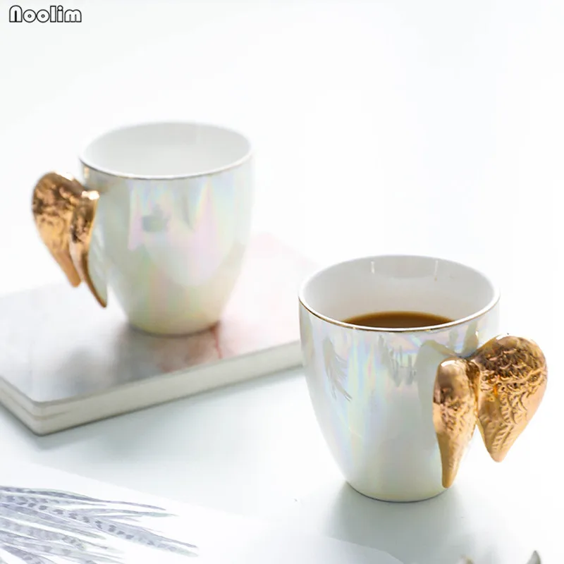 

Nordic Creative Ceramic Mug With Gold Angel Wings Handle Home Office Coffee Milk Porcelain Mugs Kitchen Drinkware Supplies