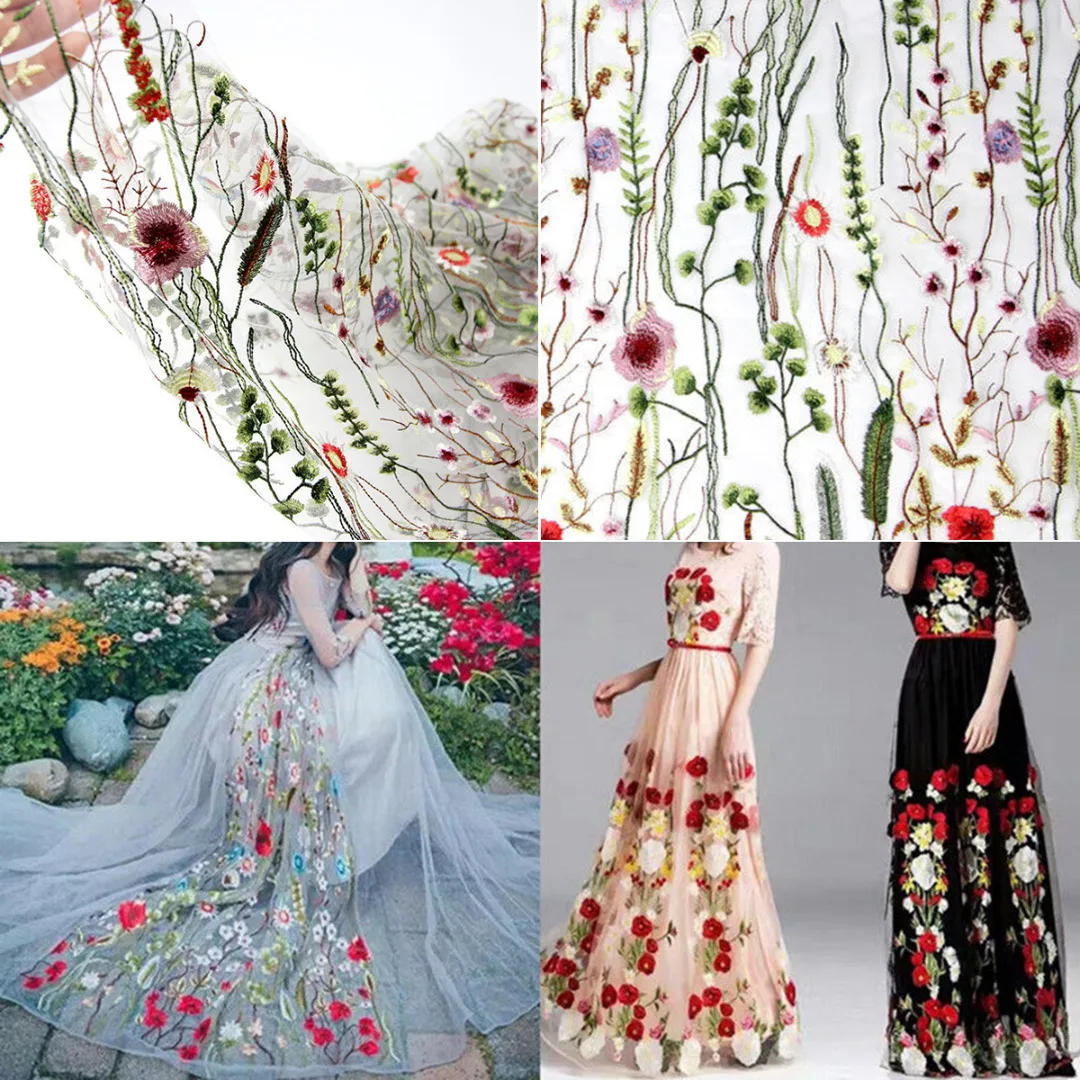 JX-LCLYL 135cm*100cm White Floral Flower Embroidery Mesh Wedding Bridal Dress Lace Fabric