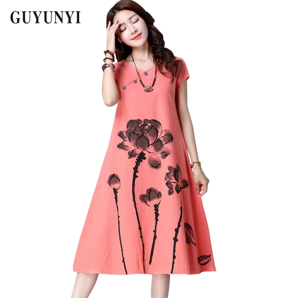 

GUYUNYI Summer Dress Plus Size Women Clothing 2017 Long Linen Dresses Simple Long-Sleeved Printing Vestido Feminino CX062