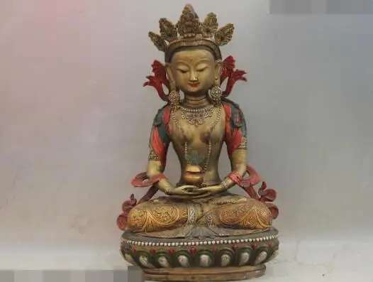 

S6179 Tibet Fane Bronze Copper Color Painted Longevity Amitayus Buddha Kwan-Yin Statue D0318