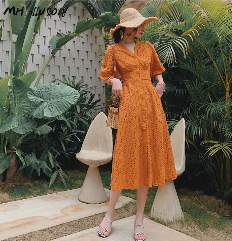 

2019 Newest Women Dress Ruffles Hollow Out Runwway Dress Short Sleeve Good Quality Holiday Orange Dress Vestidos