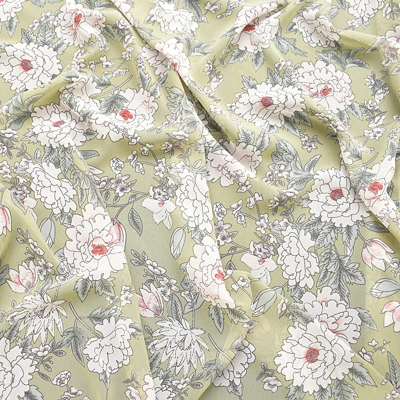 

2019 new high-viscose chiffon fabric spring and summer prints fabric turquoise background small lotus high-grade