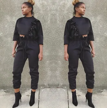 

New Women Crop Hoodies and Straight Pants Solid Two Piece Sets Fashion Ruffles Long Sleeve Sexy Irregular Suits