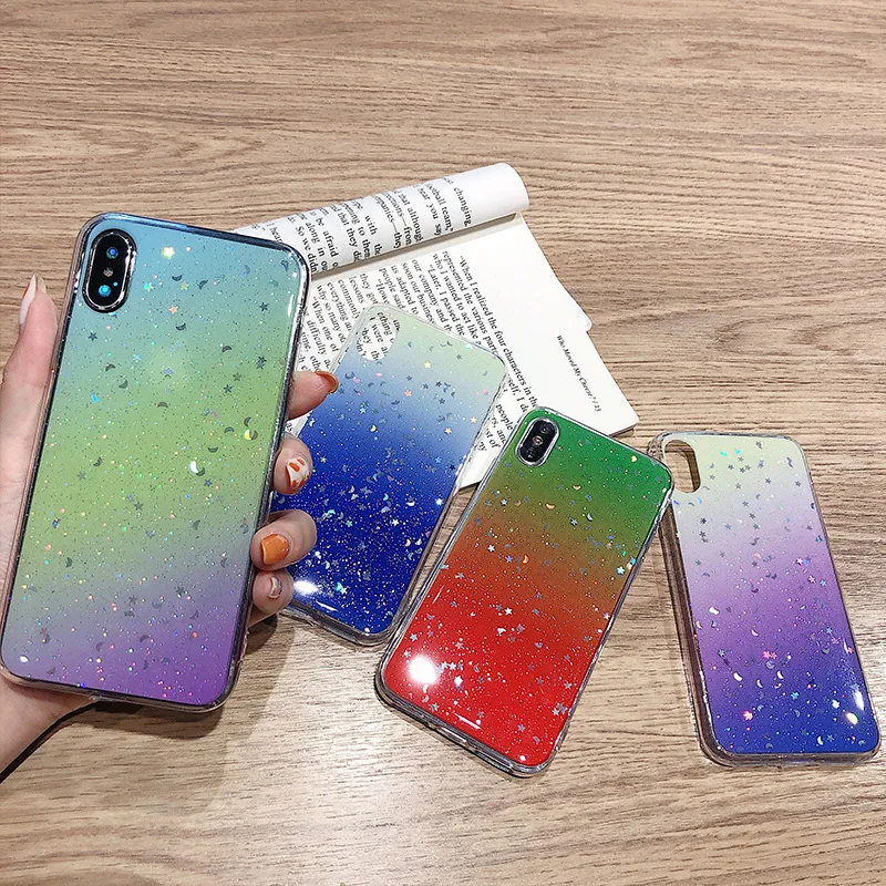 

Shining Star Glitter Gradient Phone Case For iphone XR X XS MAX 8 7 6 6S Plus Moon Case Silicone Soft TPU Anti-fall Back Cover