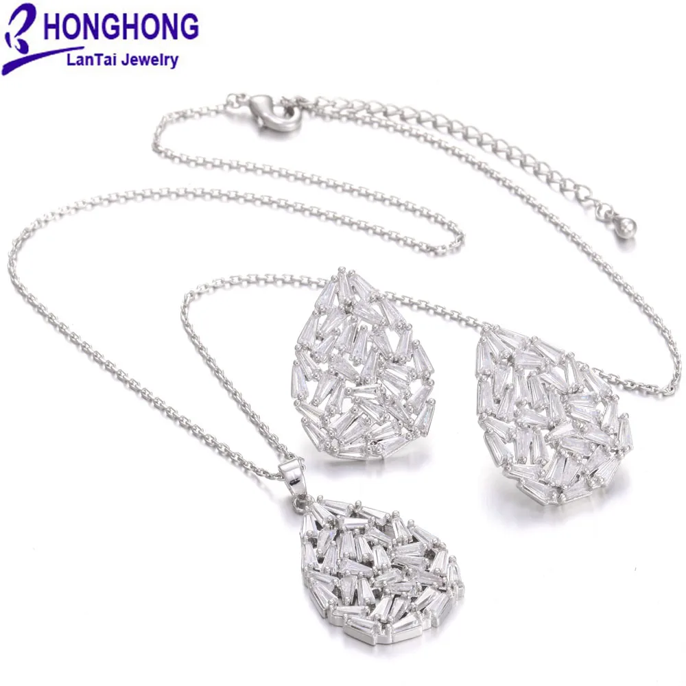 HONGHONG Высокое качество кубический цирконий большая форма сердца комплекты из серег и ожерелий модные свадебные комплекты ювелирных изделий для женщин - Окраска металла: Platinum