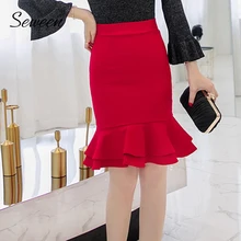 Корейский оборками русалка юбка Для женщин тонкий офисные юбки Для женщин s Высокая Талия труба юбка черный, красный 5XL плюс Размеры