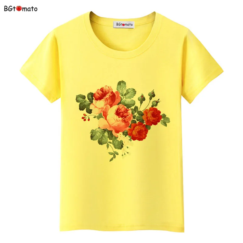 

bgtomato Big red flower summer t shirt women beautiful Rose shirt Good quality brand t shirt soft tops