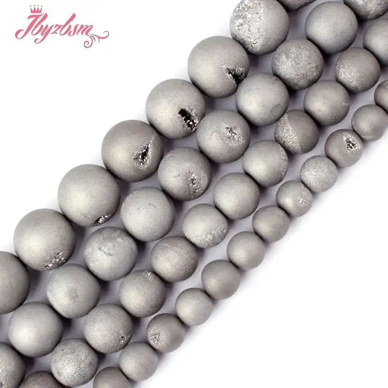 8,10,12,14mm Round Metallic Coated Druzy Gray Agates Stone Beads For DIY Necklace Bracelets Jewelry Making 15 Free Shipping