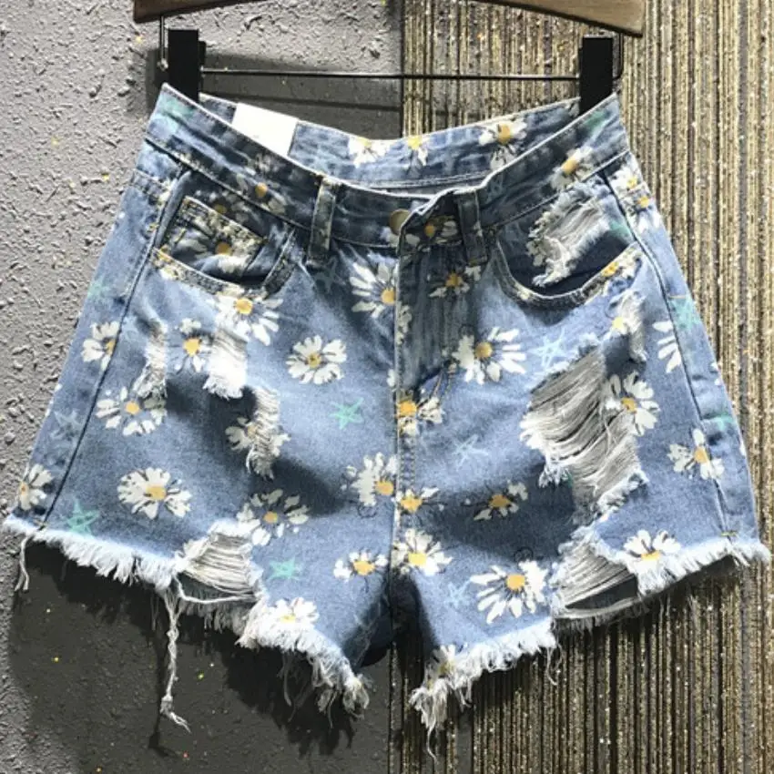 printed jean shorts