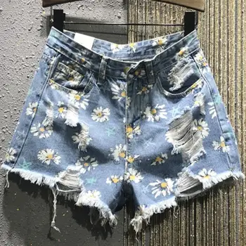 

2020 summer new retro floral printed jeans shorts women hole a-line loose wide leg denim shorts