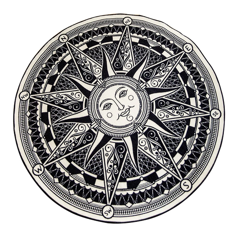 

Nylon Fabric Black White Sun God/Maya/Constellation Design Round Rugs Geometric Triangl Pattern Non-slip Carpet for Living Room