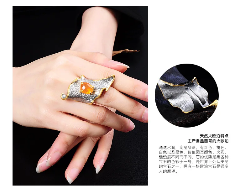 Retro Thai Silver Fashion Fire Opel Craft S925 Sterling Silver Inlaid Gemstone Creative Vintage Flower Open Ended Ring Female