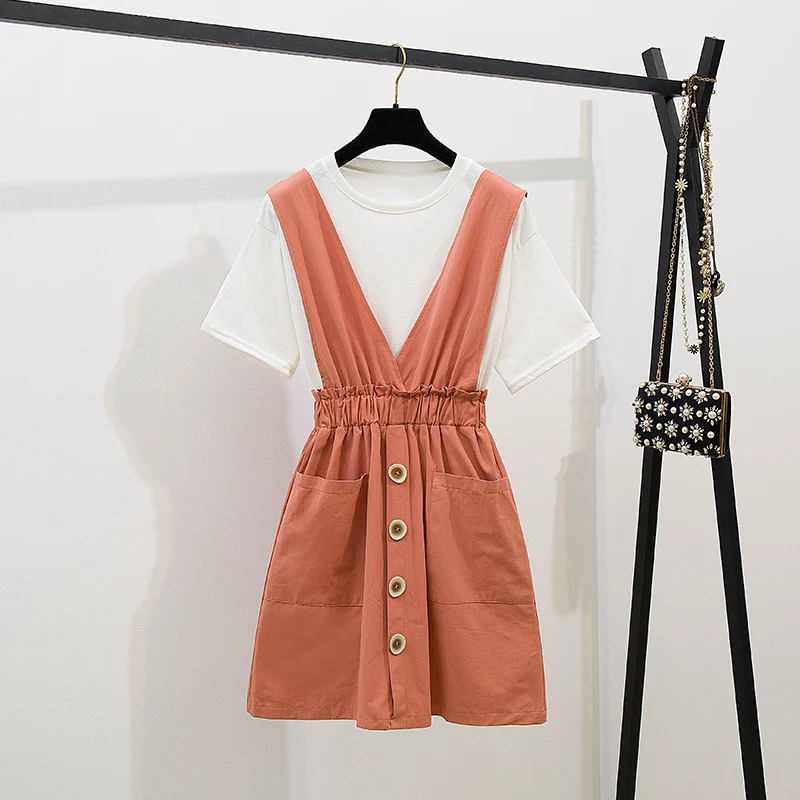 

2019 Summer Women Short Sleeves Fashion T-shirt + Sleeveless V Neck dress two-piece set Girls Female Suits A1548