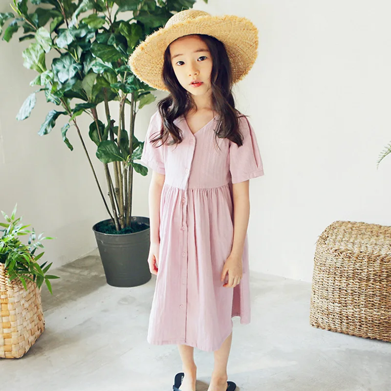 

cotton maxi long little girl summer dress v neck single breasted teenage children dresses summer 2018 blue pink loose clothing