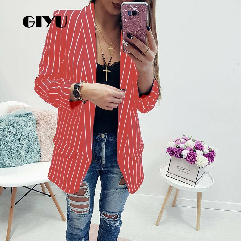 GIYU Spring Women Striped Printing Blazer Long Sleeve Notched Jackets Sexy Loose Tops Casual camiseta mujer