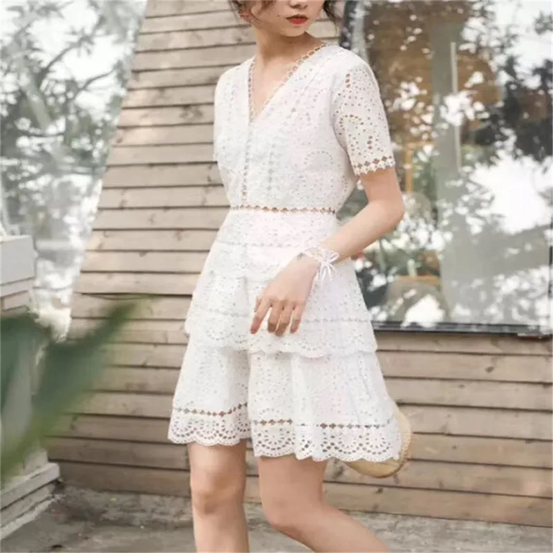 Высококачественное женское элегантное многослойное платье с оборками Летнее нарядное платье с коротким рукавом повседневное тонкое белое кружевное платье - Цвет: picture color