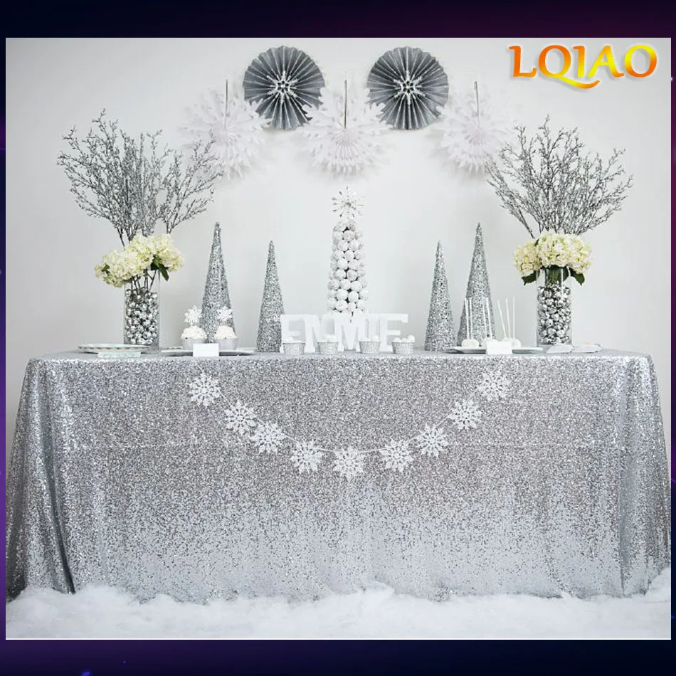

Wholesale 10pcs 90x156inch Silver Rectangle Sequin Tablecloth For Wedding/Party/Banquet Wedding Table Cloth Decoration