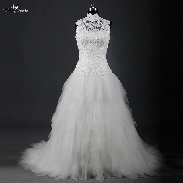 Rsw1217 High Neckline Sleeves Venice Lace Dropped Waistline Tulle Rsw1217 High Neckline Sleeves Venice Lace Dropped Waistline Tulle Wedding Dress