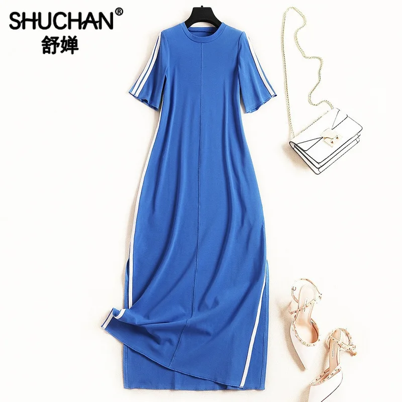 

Shuchan Vestidos Elegantes Casuales Casual Straight Dress with Stripes on The Sides 2019 Women Designer Dresses Fashion 51057