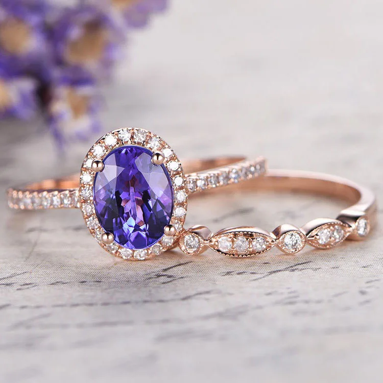 

JUNXIN Cute Female Girl Purple Ring Set Luxury 18KT Rose Gold Filled Jewelry Vintage Wedding Engagement Rings For Women