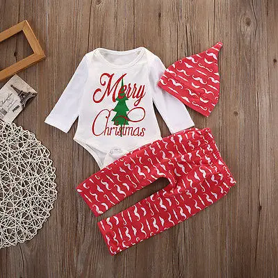 Рождественский Песочник с изображением усов+ длинные штаны для новорожденных девочек и мальчиков, рождественские наряды с шапкой, комплект детской одежды из 3 предметов, костюм для малышей, подарок для малышей