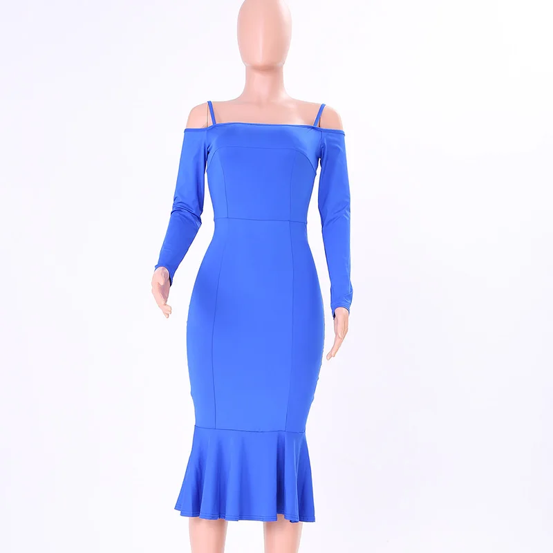 Kostlich Spaghetti Strap Long Sleeve Ruffles Mermaid Party Dresses Slash neck Bodycon Sexy Women Midi Dress 6 Colors Clothing (18)