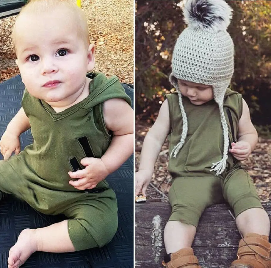 Детский комбинезон для новорожденных мальчиков 0-24 месяцев, летний камуфляжный комбинезон без рукавов с капюшоном, Летний комбинезон, одежда для маленьких мальчиков