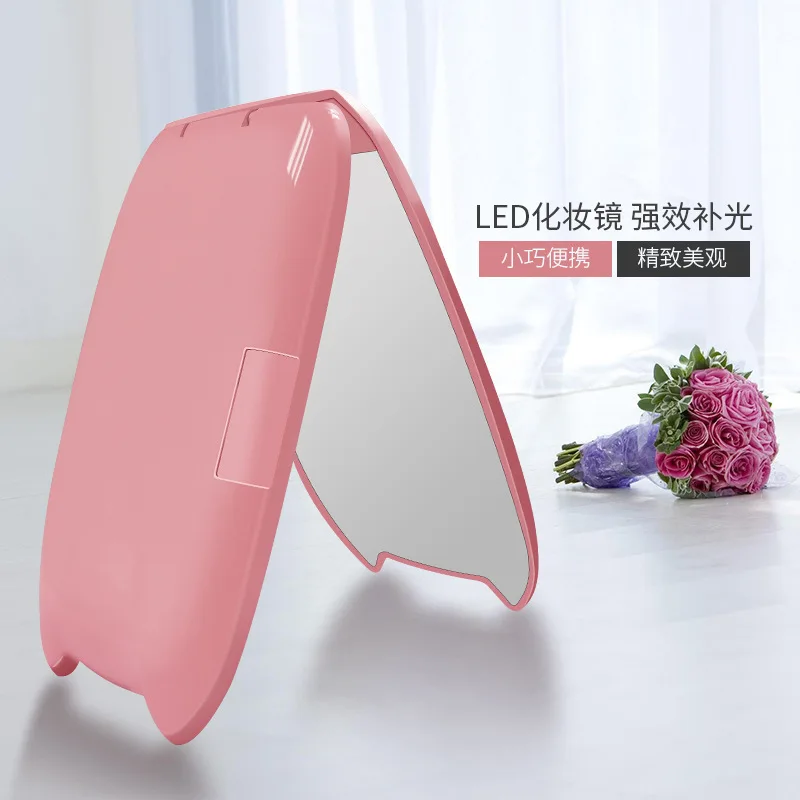 

2019 Mini Portable Cat Ears LED Makeup Mirror Cute 2 Times Light Small Makeup Mirror Folding Luminous Beauty Gift Mirror G0423