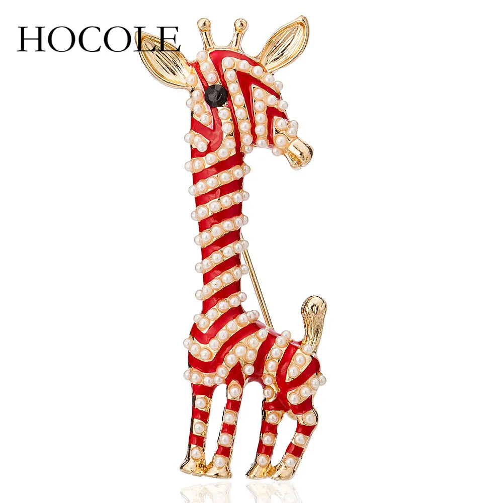 

HOCOLE Lovely Red Yellow Enamel Giraffe Brooches for Women Simulated Pearl Animal Brooches Pins Clip Clothes Scarf Pin Jewelry