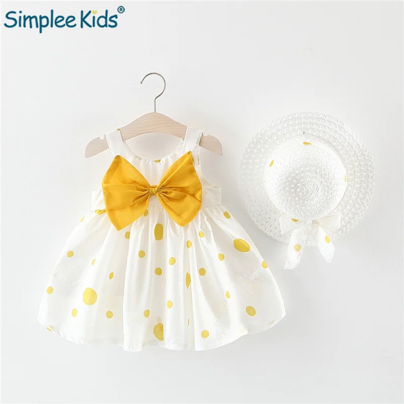 

Summer Baby Girl Dress Big Bow Sleeveless Princess Dress With Hat 2pcs Baby Girl Clothes Set A-Line Infant Baby Dress Vestidos