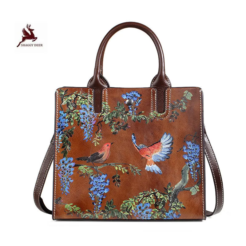 

Vintage Square bird Embossed hand brushing High-capacity Lady Handbag casual formal women fashion handmade Totes Bag
