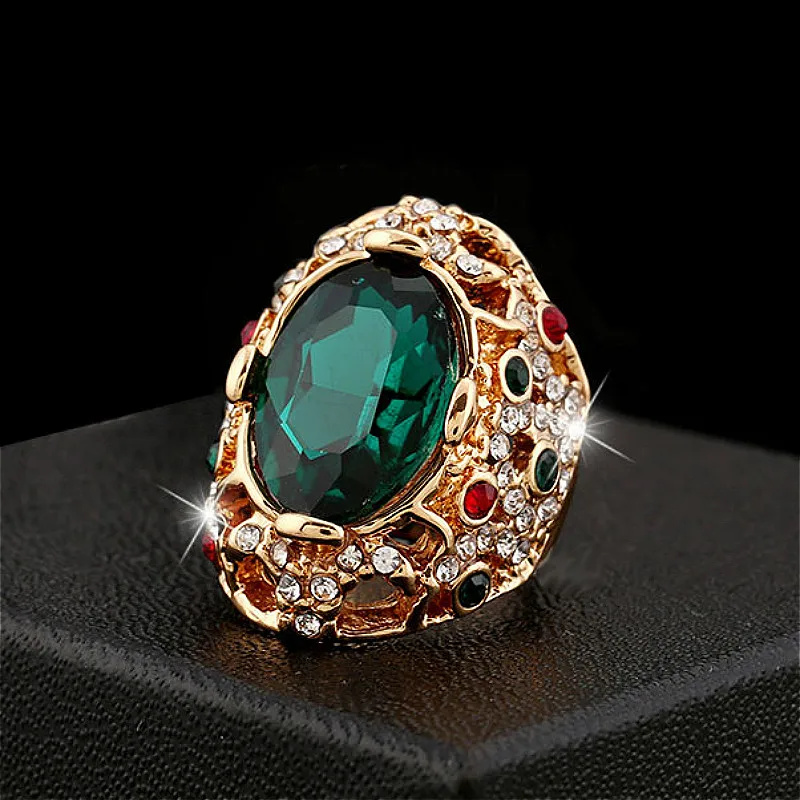 

Fashion Exaggerated Gold Color Chunky Deep Green Stone Wedding Ring for Women Men Royal Blue Finger Ring Party Jewelry