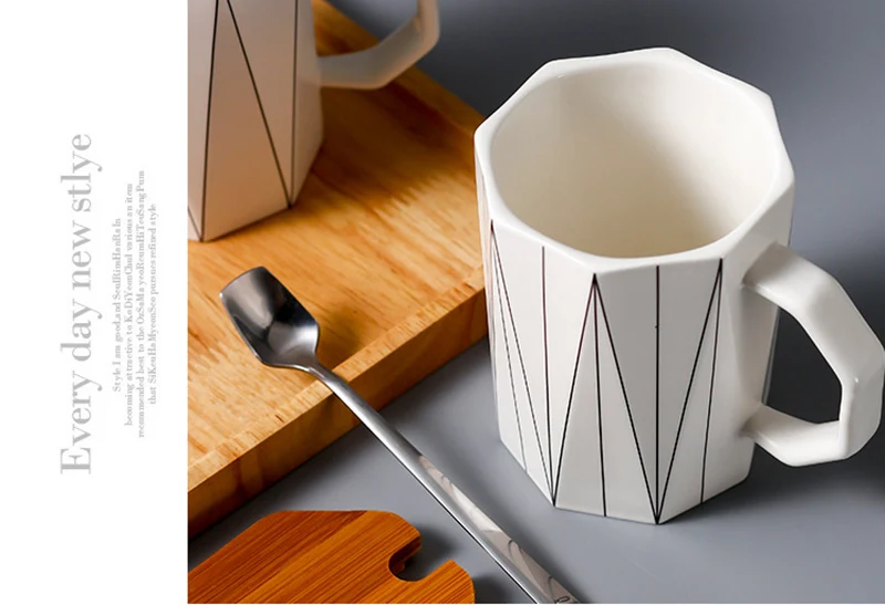 Креативная матовая Геометрическая кружка с бамбуковой крышкой, металлическая ложка, линейная керамическая чашка, кружки для микроволновки, чашка для молока, посуда для домашнего офиса, 400 мл