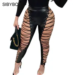 Sibybo кружева выдалбливают из искусственной кожи сексуальные брюки Для женщин Мода Высокая Талия Тощий бинты Для женщин брюки ночной клуб