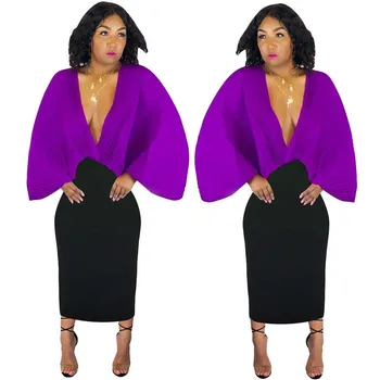 

African Clothes Sexy Pleated Pencil Bodycon Dress Women 2019 Chiffon Patchwork Deep V-Neck Bat Sleeve Bandage Dress Partyclub