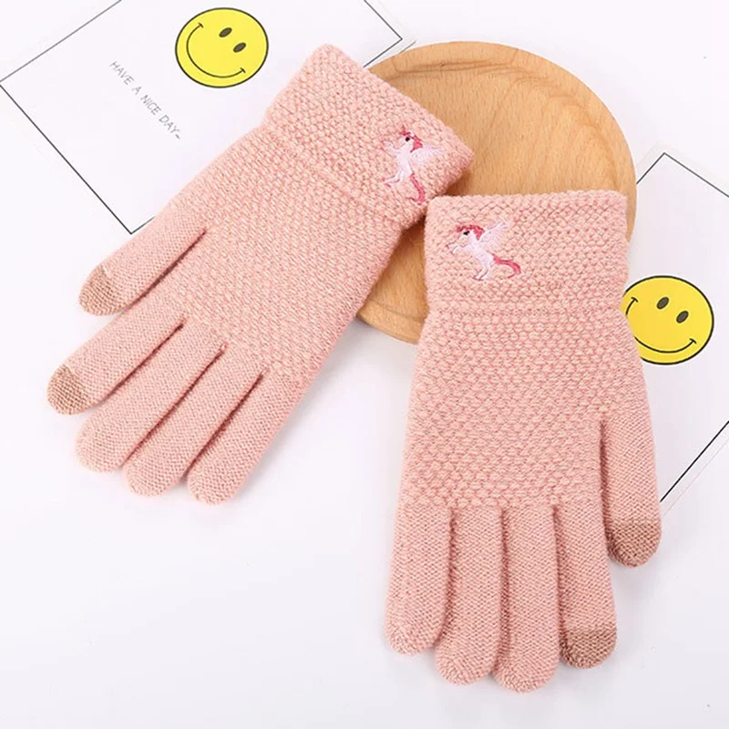 Осенне-зимние женские вязаные термоперчатки, вязаные зимние уличные перчатки с сенсорным экраном, перчатки с вышитым единорогом - Цвет: PK1