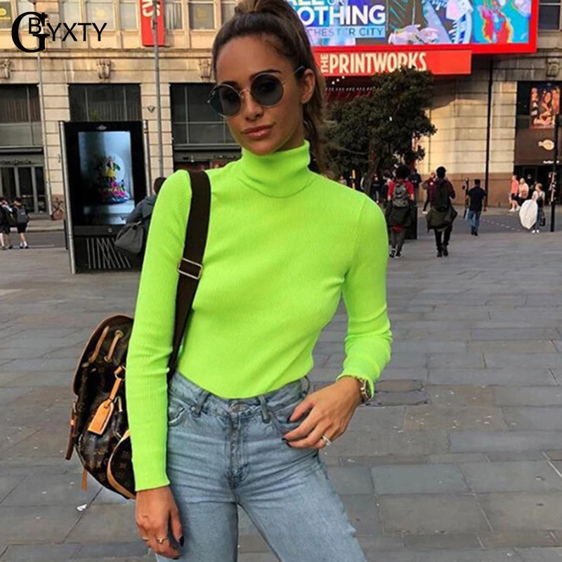 

GBYXTY poleras mujer Neon Color Turtleneck Long Sleeve T-Shirt Tops Womens Casual Spring Autumn Knitted Ribbed Tee Shirt ZA1294