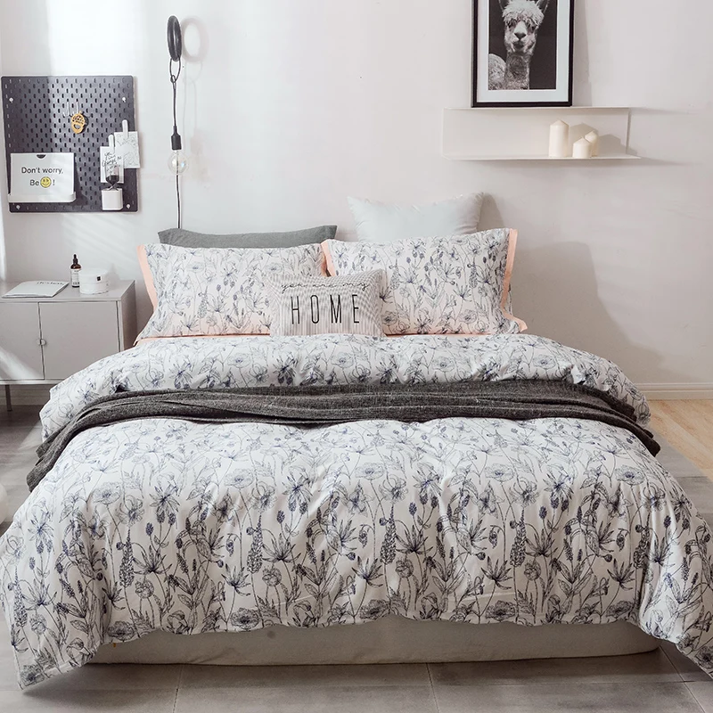 

European Style Grey Print Pattern Cotton Bedding Set 3/4pcs Bed Linen Duvet Cover Flat Sheeet Home Textile Bedspread Pillowslip