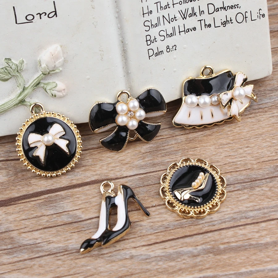 

Black Style imitate Pearl decoration Alloy drop oil gold-color Cartoon Bags/bowk/Round/shoes jewelry charm diy necklace pendant