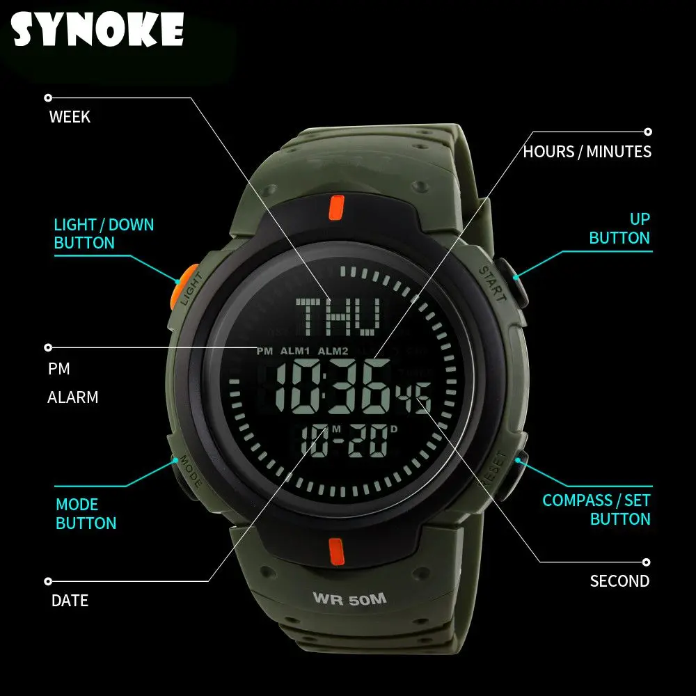 SYNOKE للماء البوصلات الرجال الرياضة الساعات الإلكترونية في الهواء الطلق تسلق الجبال الرقمية طالب clockes الرقمية ووتش
