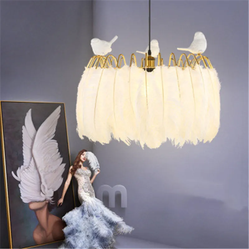 

Ins Hot Ostrich Feather Bedroom Pendant Lamp Creative Bird Feather Girl's Room Restaurant Model Room Haning Light Fixtures